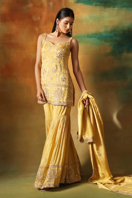 Shop_Meenagurnam_Gold Tissue Embroidery Round Neck Kurta Sharara Set _Online_at_Aza_Fashions