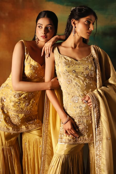 Meenagurnam_Gold Tissue Embroidery Round Neck Kurta Sharara Set _at_Aza_Fashions
