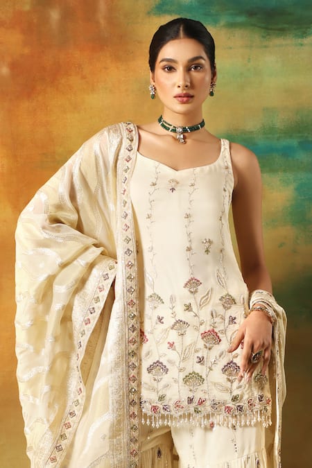 Buy_Meenagurnam_Ivory Tissue, Chinon Embroidery, Beads Round Neck Kurta Sharara Set _Online_at_Aza_Fashions