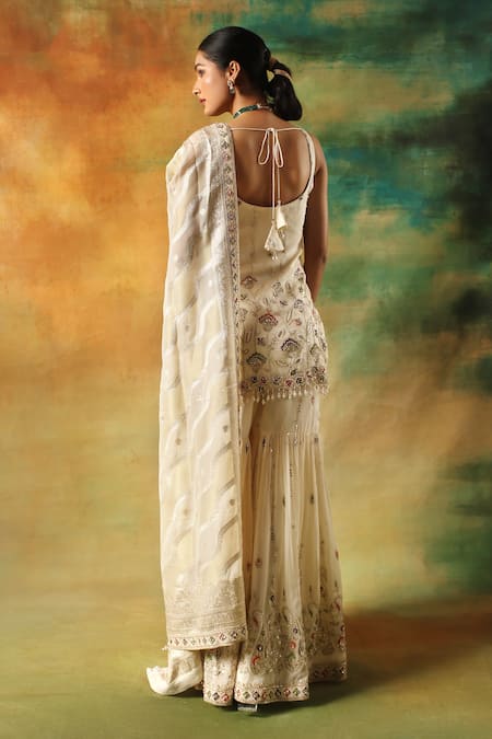 Meenagurnam Ivory Embroidered Kurta Sharara Set 