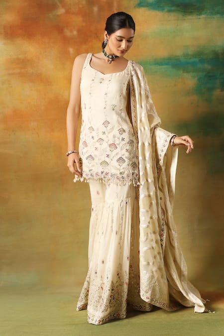 Shop_Meenagurnam_Ivory Tissue, Chinon Embroidery, Beads Round Neck Kurta Sharara Set _Online_at_Aza_Fashions