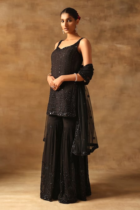 Shop_Meenagurnam_Black Georgette, Viscose Sequins, Cut Work Round Neck Embellished Kurta Set _Online_at_Aza_Fashions