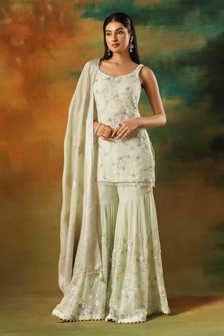 Meenagurnam Green Georgette, Viscose Embroidery, Sequins Scoop Pista Kurta Sharara Set 