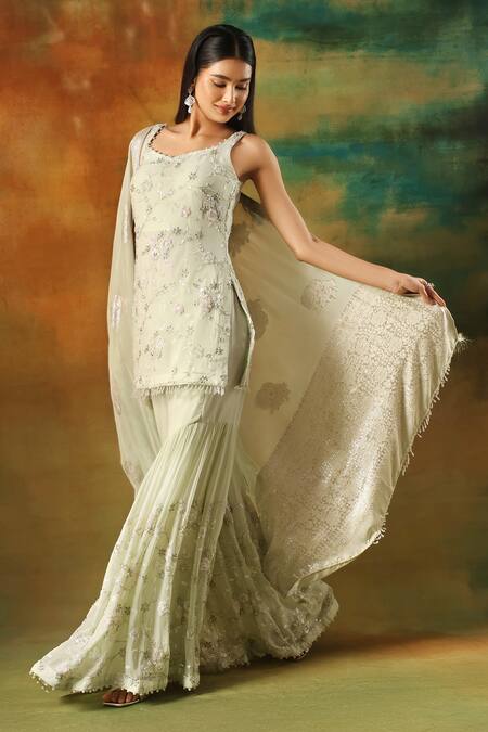 Shop_Meenagurnam_Green Georgette, Viscose Embroidery, Sequins Scoop Pista Kurta Sharara Set_Online_at_Aza_Fashions