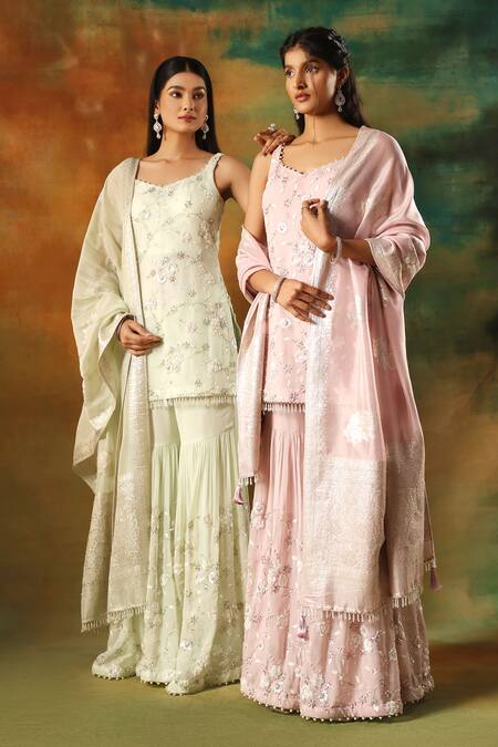 Shop Meenagurnam Lilac Viscose, Georgette Embroidery, Sequins Round Neck Sharara Set Online at Aza Fashions Shop_Meenagurnam_Lilac Viscose, Georgette Embroidery, Sequins Round Neck Sharara Set_Online_at_Aza_Fashions