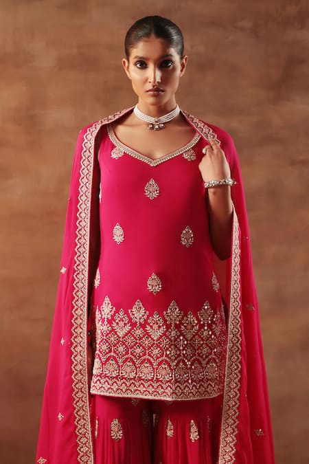 Meenagurnam Magenta Georgette, Viscose Embroidery Scoop Neck Kurta Sharara Set Online at Aza Fashions Meenagurnam_Magenta Georgette, Viscose Embroidery Scoop Neck Kurta Sharara Set_Online_at_Aza_Fashions