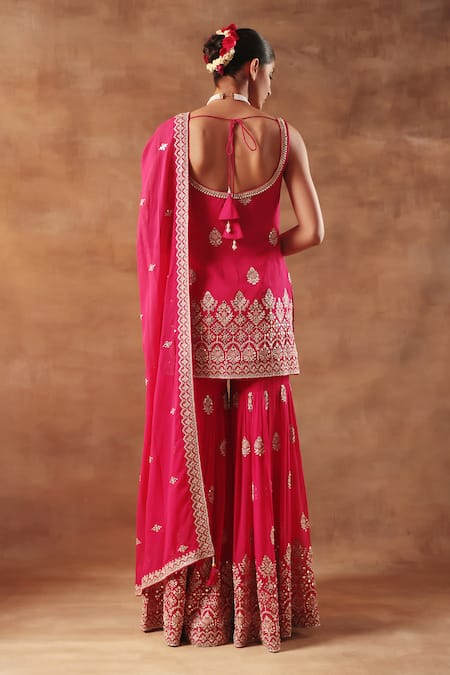Shop Meenagurnam Magenta Georgette, Viscose Embroidery Scoop Neck Kurta Sharara Set at Aza Fashions Shop_Meenagurnam_Magenta Georgette, Viscose Embroidery Scoop Neck Kurta Sharara Set_at_Aza_Fashions
