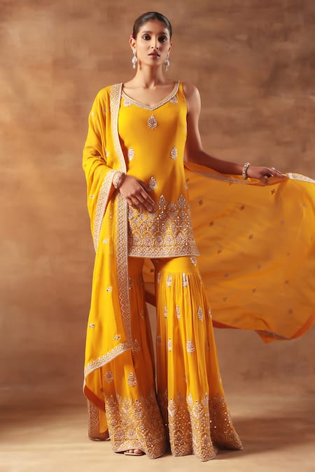 Shop_Meenagurnam_Yellow Georgette, Viscose Embroidery, Beads V-neck Sharara Kurta Set _Online_at_Aza_Fashions
