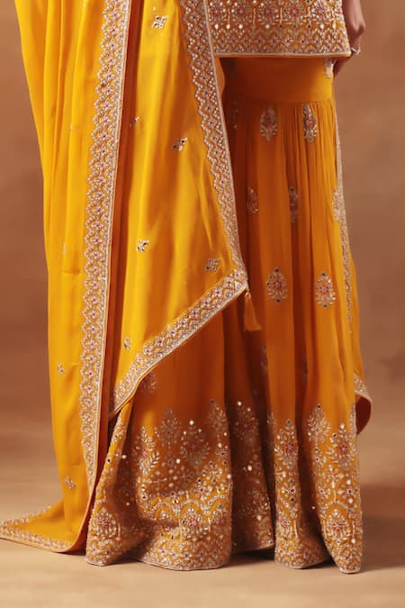 Meenagurnam_Yellow Georgette, Viscose Embroidery, Beads V-neck Sharara Kurta Set _at_Aza_Fashions