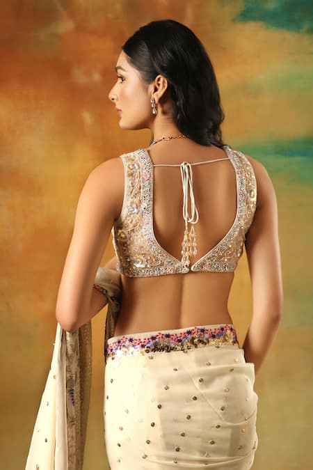 Meenagurnam Ivory Multicolor Embroidered Saree Set 