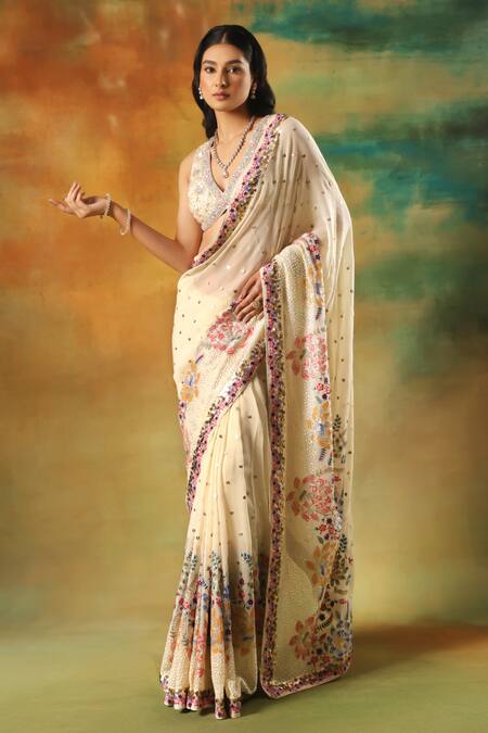 Buy Meenagurnam Ivory Georgette, Net, Viscose Sequins, Embroidery V-neck Multicolor Saree Set Online at Aza Fashions Buy_Meenagurnam_Ivory Georgette, Net, Viscose Sequins, Embroidery V-neck Multicolor Saree Set _Online_at_Aza_Fashions