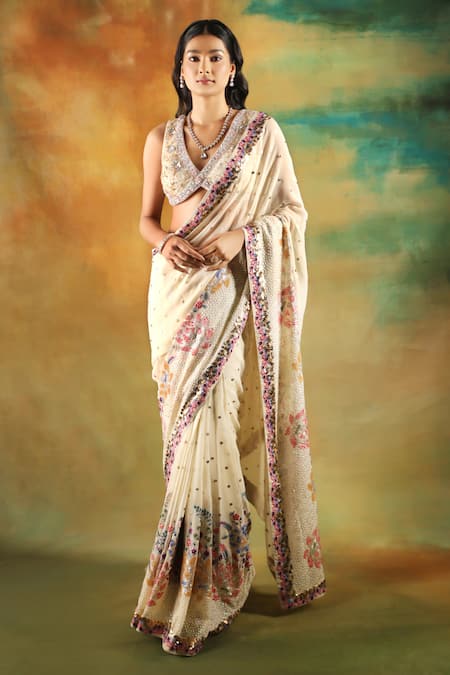Meenagurnam Ivory Georgette, Net, Viscose Sequins, Embroidery V-neck Multicolor Saree Set 