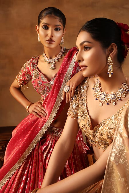 Buy_Meenagurnam_Magenta Tissue Sequins, Beads Round Neck Embroidered Lehenga Set _Online_at_Aza_Fashions