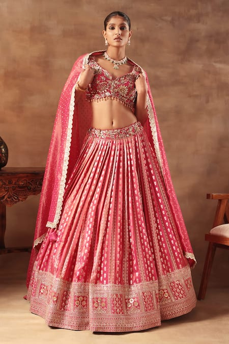 Shop_Meenagurnam_Magenta Tissue Sequins, Beads Round Neck Embroidered Lehenga Set _Online_at_Aza_Fashions