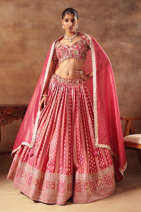 Shop_Meenagurnam_Magenta Tissue Sequins, Beads Round Neck Embroidered Lehenga Set 