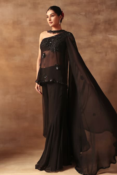 Shop_Meenagurnam_Black Georgette, Viscose Sequins, Embroidery, Cut Cutdana Embellished Kurta Set _Online_at_Aza_Fashions