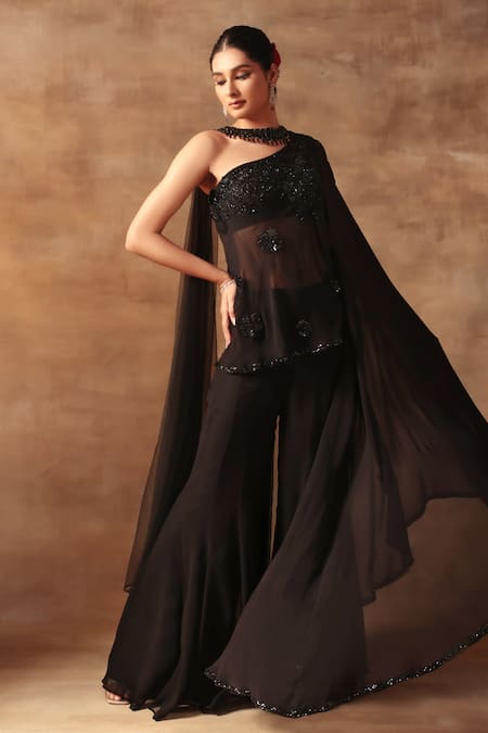 Meenagurnam_Black Georgette, Viscose Sequins, Embroidery, Cut Cutdana Embellished Kurta Set _at_Aza_Fashions