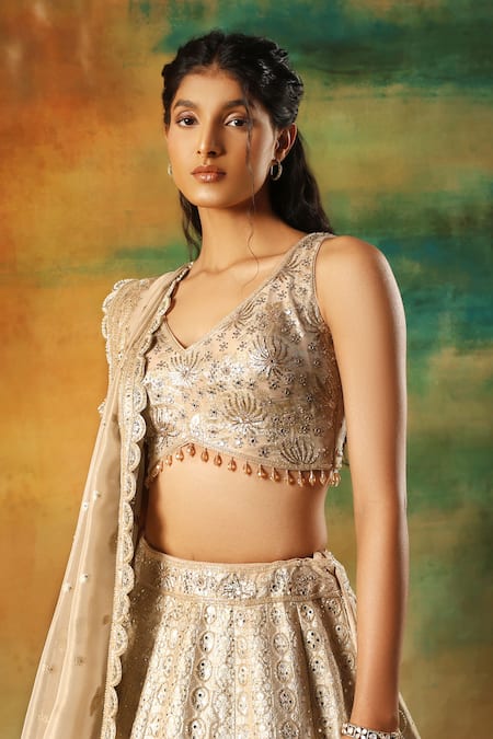 Shop Meenagurnam Gold Tissue Sequins, Mirrors V-neck Designer Embellished Lehenga Set Online at Aza Fashions Shop_Meenagurnam_Gold Tissue Sequins, Mirrors V-neck Designer Embellished Lehenga Set _Online_at_Aza_Fashions