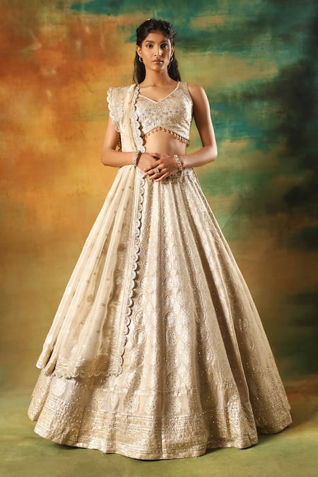 Meenagurnam Gold Tissue Sequins, Mirrors V-neck Designer Embellished Lehenga Set