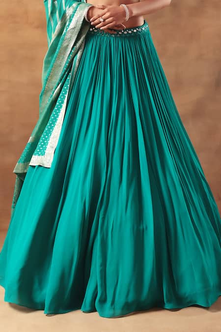 Meenagurnam_Blue Net, Georgette, Jacquard, Viscose Mirrors Round Designer Work Lehenga Set _Online_at_Aza_Fashions