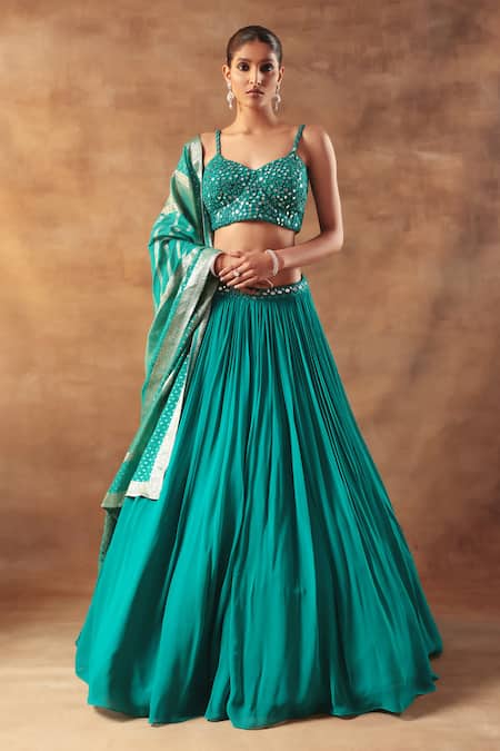 Buy_Meenagurnam_Blue Net, Georgette, Jacquard, Viscose Mirrors Round Designer Work Lehenga Set _Online_at_Aza_Fashions
