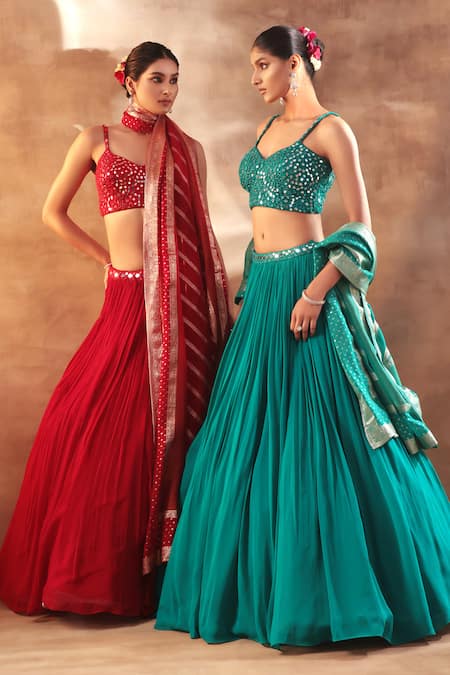 Shop_Meenagurnam_Blue Net, Georgette, Jacquard, Viscose Mirrors Round Designer Work Lehenga Set _Online_at_Aza_Fashions