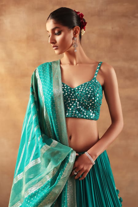 Meenagurnam_Blue Net, Georgette, Jacquard, Viscose Mirrors Round Designer Work Lehenga Set _at_Aza_Fashions