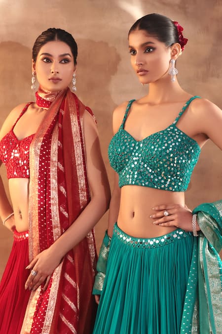 Buy_Meenagurnam_Blue Net, Georgette, Jacquard, Viscose Mirrors Round Designer Work Lehenga Set 