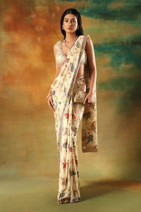 Meenagurnam Ivory Net, Georgette Beads, Embroidery Round Neck Designer Saree Set 