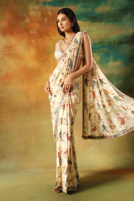 Shop Meenagurnam Ivory Net, Georgette Beads, Embroidery Round Neck Designer Saree Set Online at Aza Fashions Shop_Meenagurnam_Ivory Net, Georgette Beads, Embroidery Round Neck Designer Saree Set _Online_at_Aza_Fashions