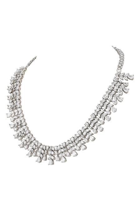 Buy_Prihan Luxury Jewelry_White Stones Rhodium Plated Necklace And Earring Set _Online_at_Aza_Fashions