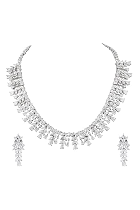 Prihan Luxury Jewelry Rhodium Plated White Necklace & Earring Set 