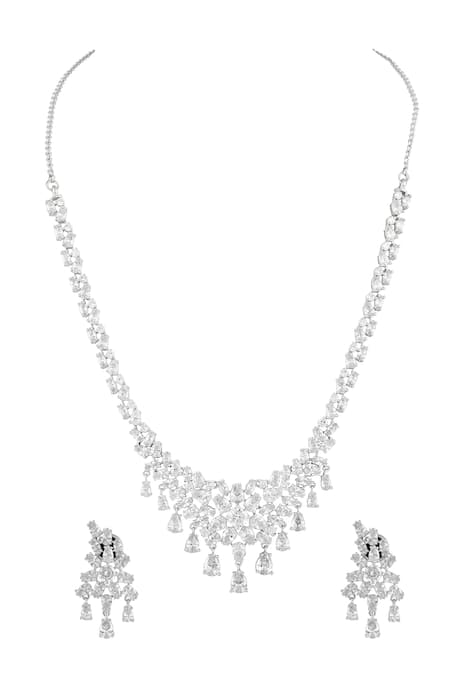 Prihan Luxury Jewelry Rhodium Plated White Necklace & Earring Set 
