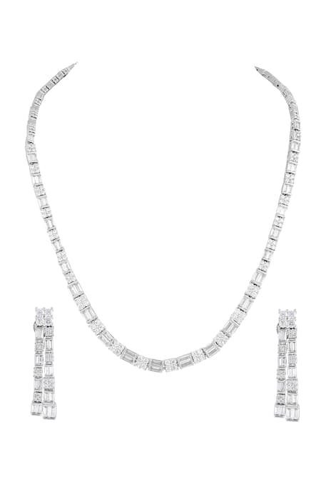 Shop Prihan Luxury Jewelry White Rhodium Plated Necklace And Earring Set at Aza Fashions Shop_Prihan Luxury Jewelry_White Rhodium Plated Necklace And Earring Set _at_Aza_Fashions