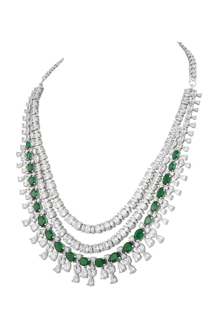 Shop_Prihan Luxury Jewelry_White Crystals Emerald And Designer Necklace Set _Online_at_Aza_Fashions