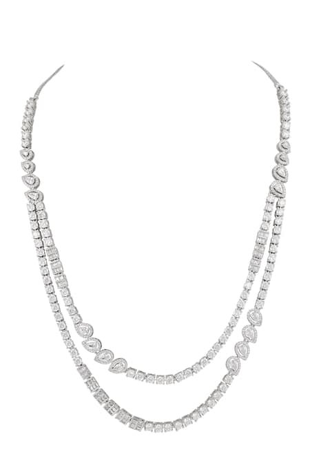 Prihan Luxury Jewelry_White Crystals, Rhinestones Rhodium Plated Necklace And Earrings Set _Online_at_Aza_Fashions