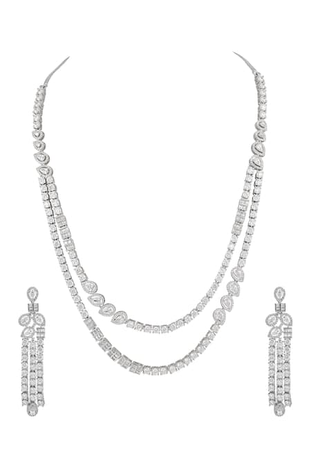 Prihan Luxury Jewelry Rhodium Plated White Necklace & Earrings Set 
