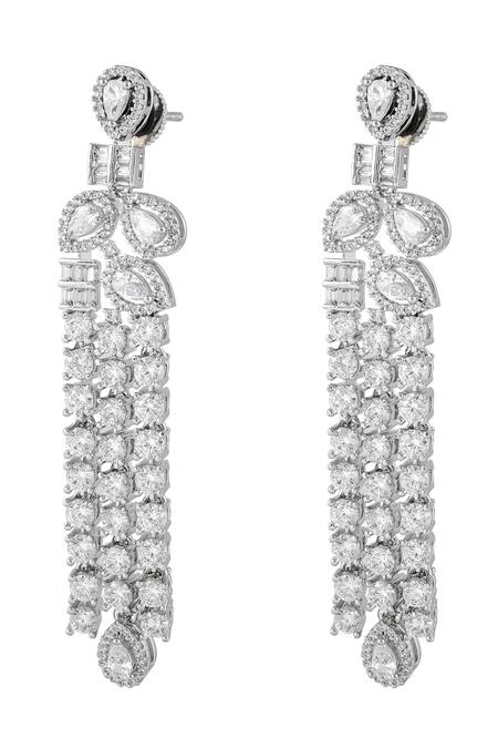 Shop_Prihan Luxury Jewelry_White Crystals, Rhinestones Rhodium Plated Necklace And Earrings Set _Online_at_Aza_Fashions