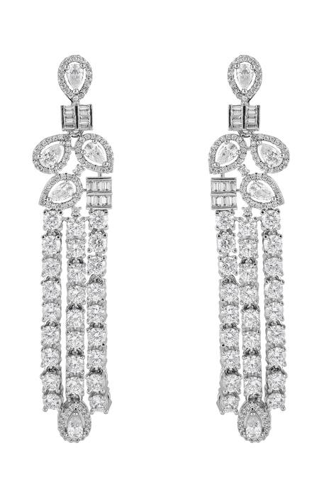 Prihan Luxury Jewelry_White Crystals, Rhinestones Rhodium Plated Necklace And Earrings Set _at_Aza_Fashions