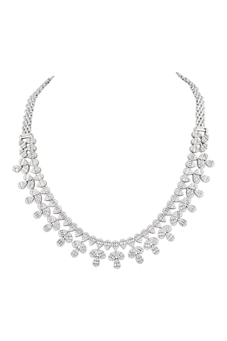 Prihan Luxury Jewelry_White Imitation Diamonds Rhodium Plated Necklace And Earring Set _Online_at_Aza_Fashions