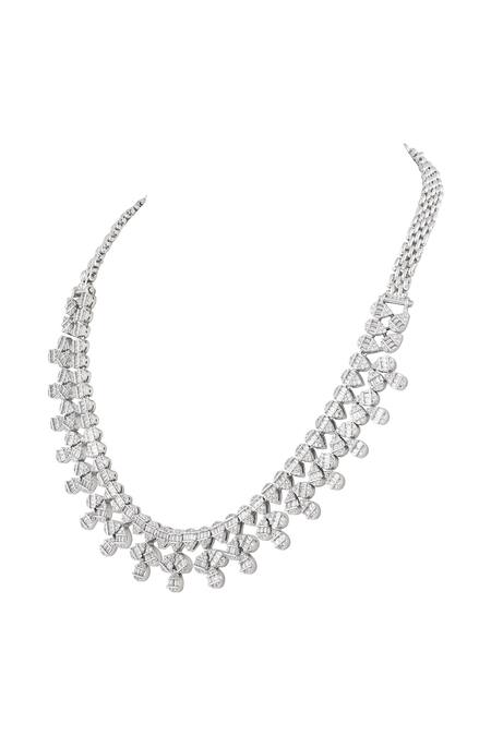 Buy_Prihan Luxury Jewelry_White Imitation Diamonds Rhodium Plated Necklace And Earring Set _Online_at_Aza_Fashions