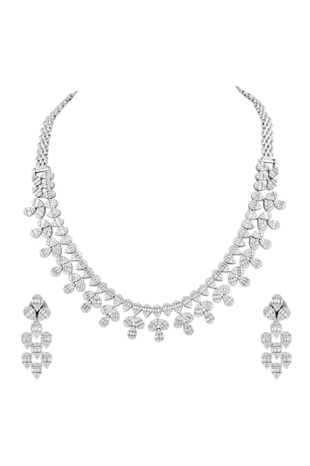 Prihan Luxury Jewelry Rhodium Plated White Necklace & Earring Set 