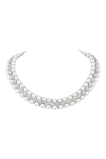 Shop Prihan Luxury Jewelry White Pearls Necklace And Earring Set Online at Aza Fashions Shop_Prihan Luxury Jewelry_White Pearls Necklace And Earring Set _Online_at_Aza_Fashions