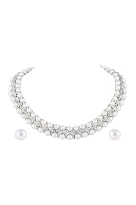 Prihan Luxury Jewelry White Pearl Necklace & Earring Set 