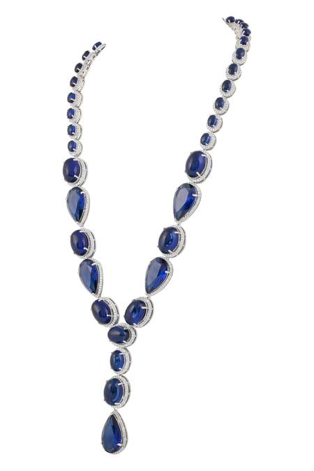 Prihan Luxury Jewelry Blue Imitation Gemstones Rhodium Plated Necklace And Earring Set Online at Aza Fashions Prihan Luxury Jewelry_Blue Imitation Gemstones Rhodium Plated Necklace And Earring Set _Online_at_Aza_Fashions