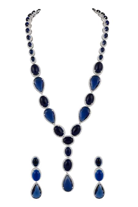 Prihan Luxury Jewelry Blue Rhodium Plated Necklace & Earring Set 