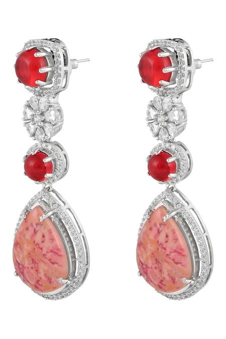 Shop_Prihan Luxury Jewelry_Pink Stones, Crystals Rhodium Plated Jewelry Set _Online_at_Aza_Fashions