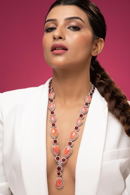 Prihan Luxury Jewelry Pink Stones, Crystals Rhodium Plated Jewelry Set