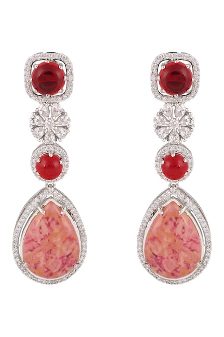 Prihan Luxury Jewelry Rhodium Plated Pink Stone Jewelry Set 