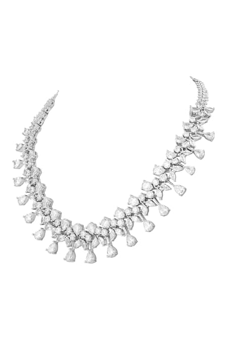 Prihan Luxury Jewelry_White Crystals Rhodium Plated Necklace And Earring Set _Online_at_Aza_Fashions